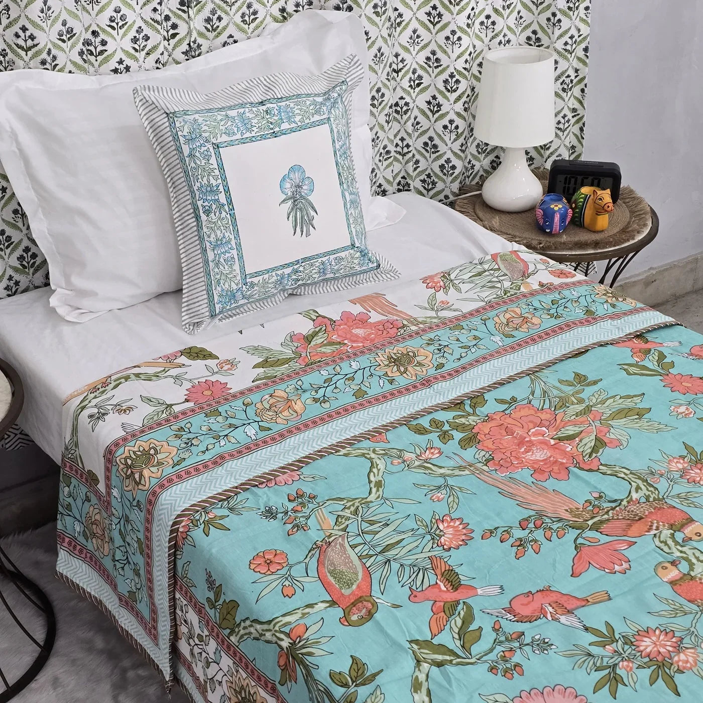 All Season Jaipuri AC Blanket | 100% Cotton | Block Print | Single Bed – Birds & Floral Motifs (63X90 Inches)