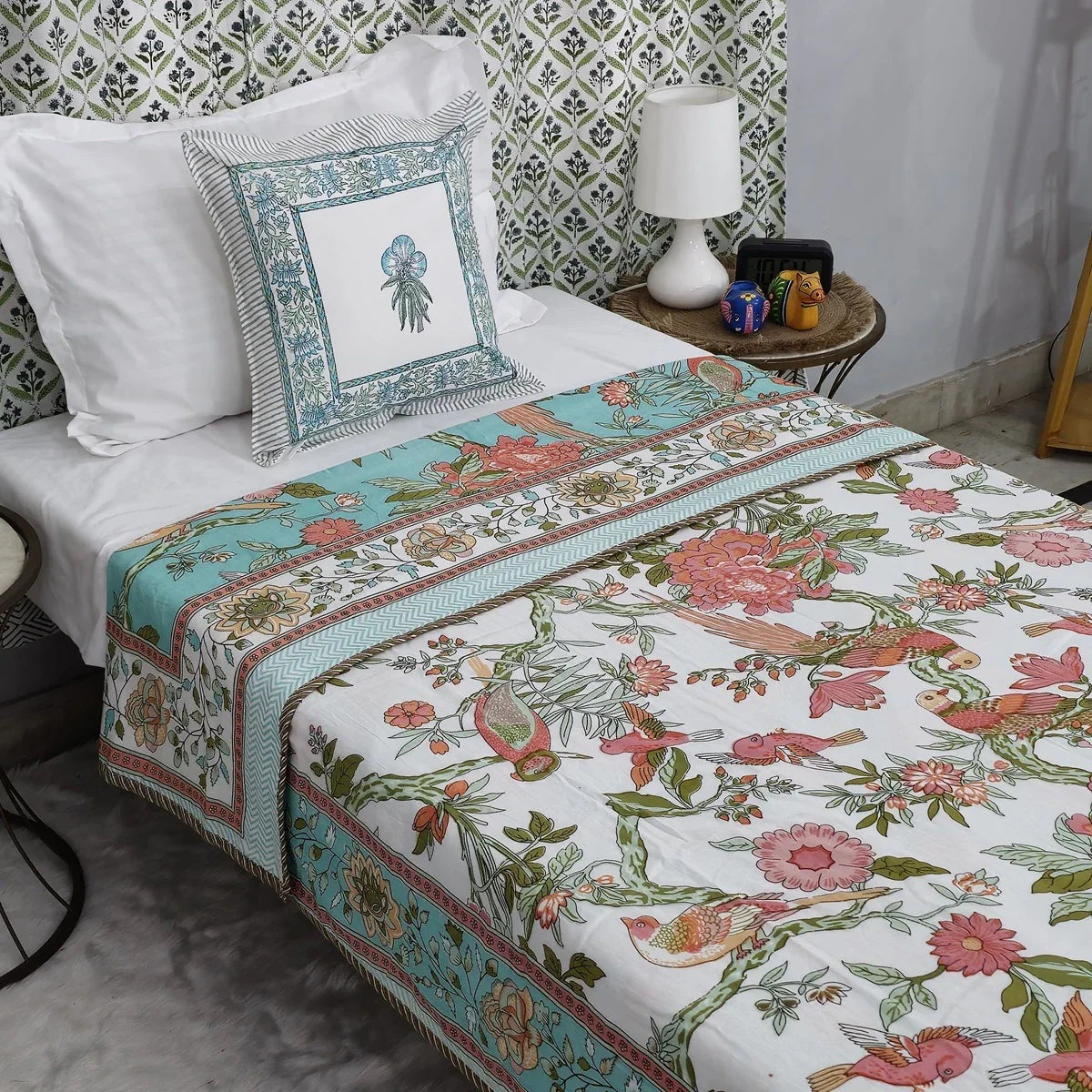 All Season Jaipuri AC Blanket | 100% Cotton | Block Print | Single Bed – Birds & Floral Motifs (63X90 Inches)