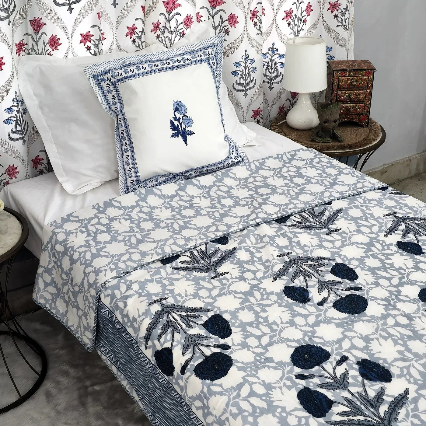 All Season Jaipuri AC Blanket | 100% Cotton | Block Print | Single Bed  – Blue Floral Buta (63X90 Inches)