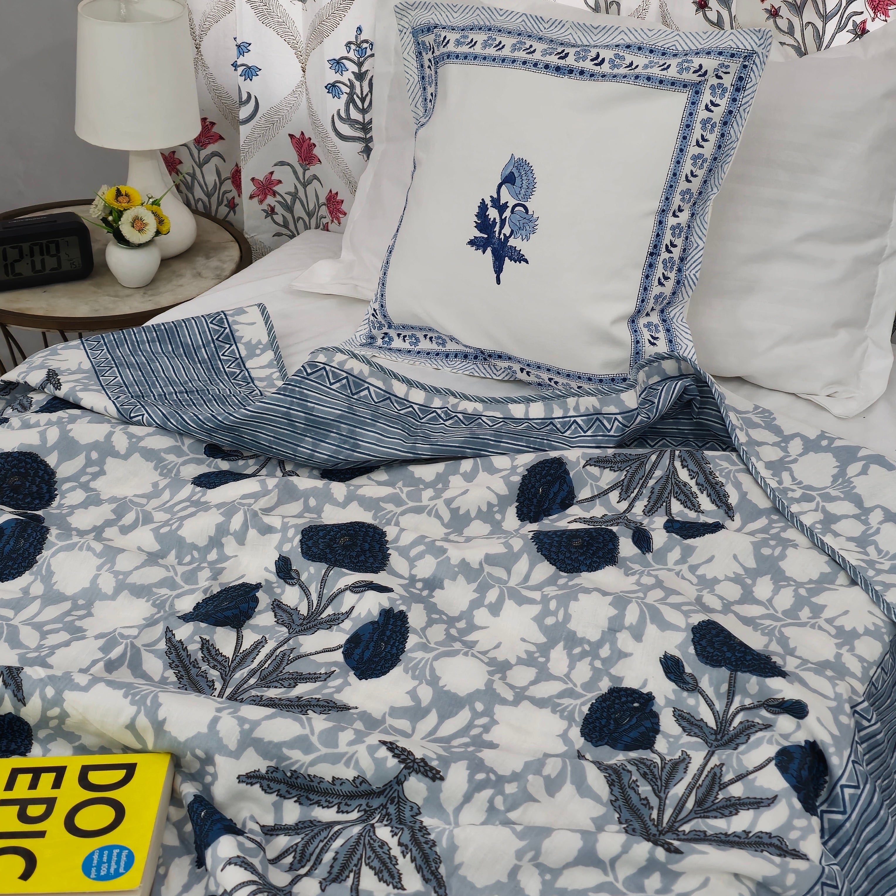 All Season Jaipuri AC Blanket | 100% Cotton | Block Print | Single Bed  – Blue Floral Buta (63X90 Inches)