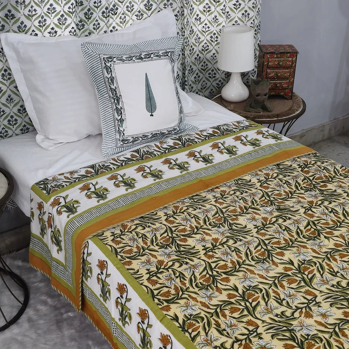 All Season Jaipuri AC Blanket | 100% Cotton | Block Print | Single Bed – Yellow Floral Buta (63X90 Inches)