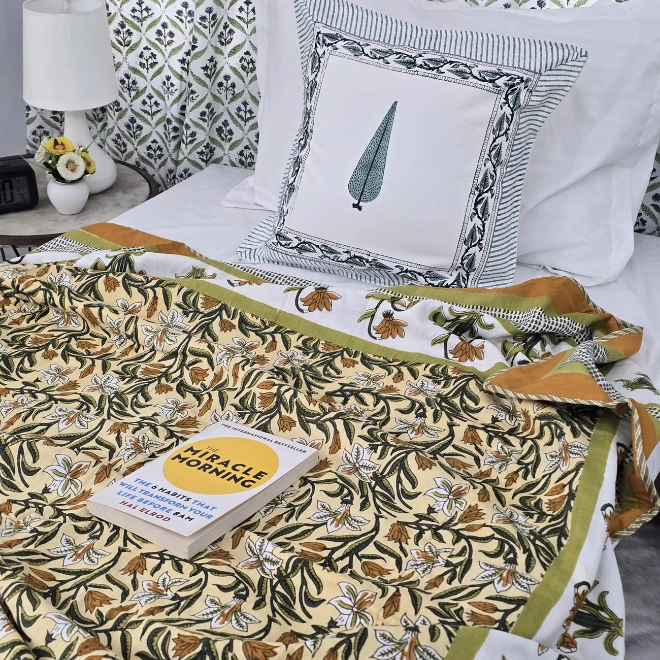 All Season Jaipuri AC Blanket | 100% Cotton | Block Print | Single Bed – Yellow Floral Buta (63X90 Inches)