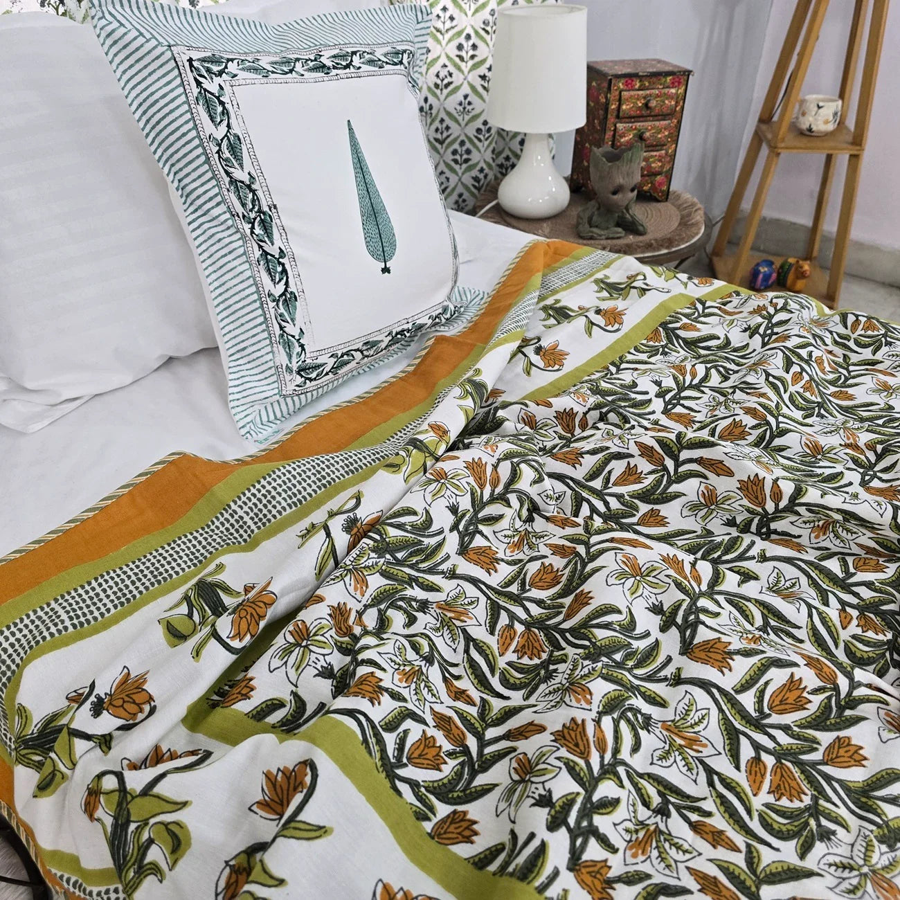 All Season Jaipuri AC Blanket | 100% Cotton | Block Print | Single Bed – Yellow Floral Buta (63X90 Inches)
