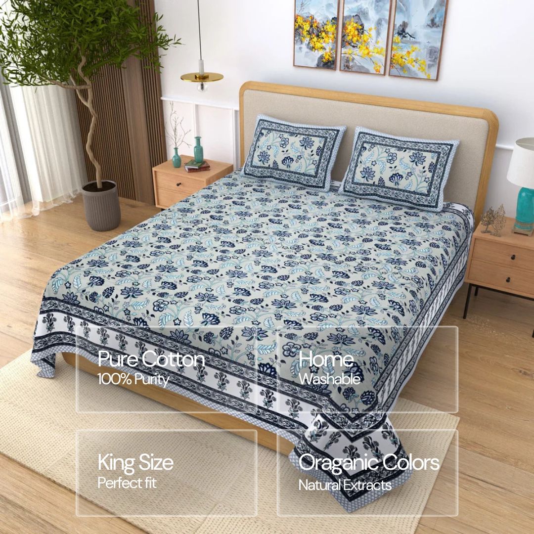 Jaipuri Cotton Double Bedsheet – Grey & Blue Floral Bloom (90x108 inches)
