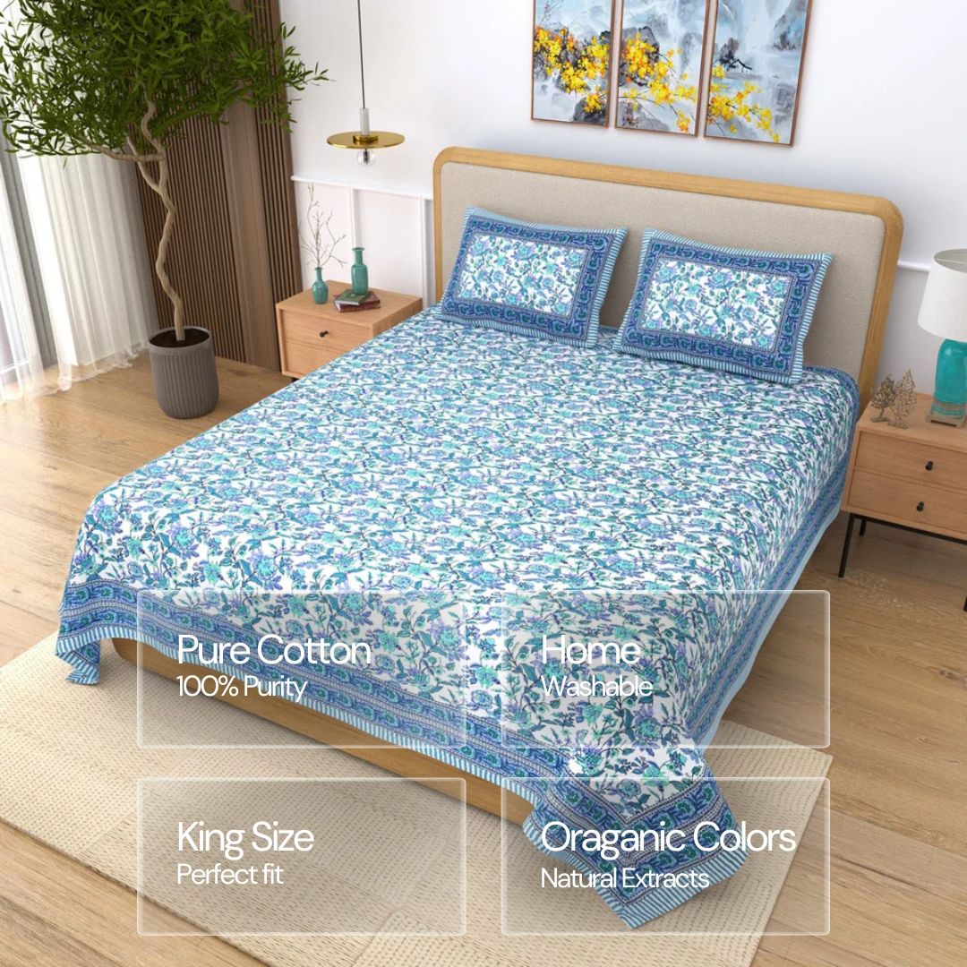 Jaipuri Cotton Double Bedsheet – Blue & Aqua Floral Vine (90x108 inches)