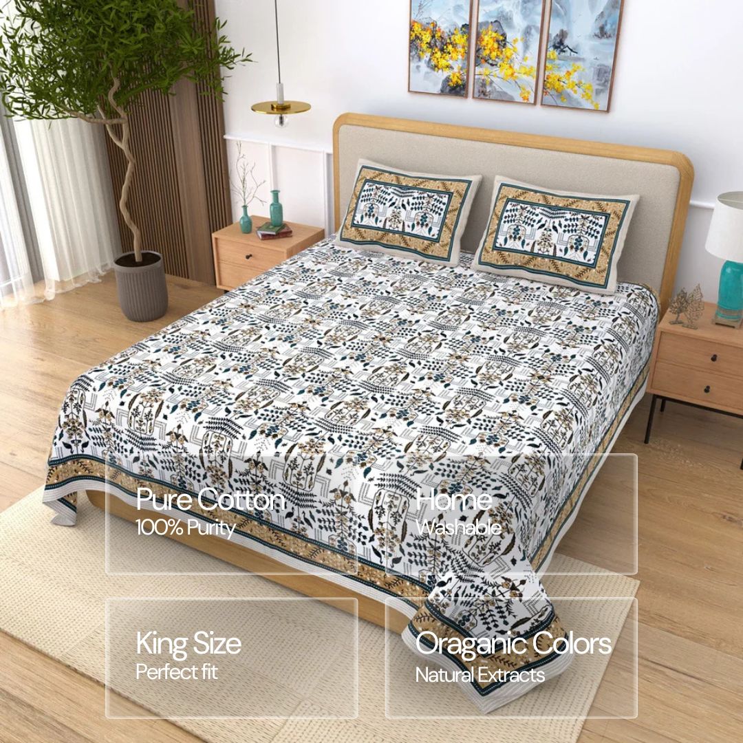 Jaipuri Cotton Double Bedsheet – Beige & Blue Mughal Print (90x108 inches)