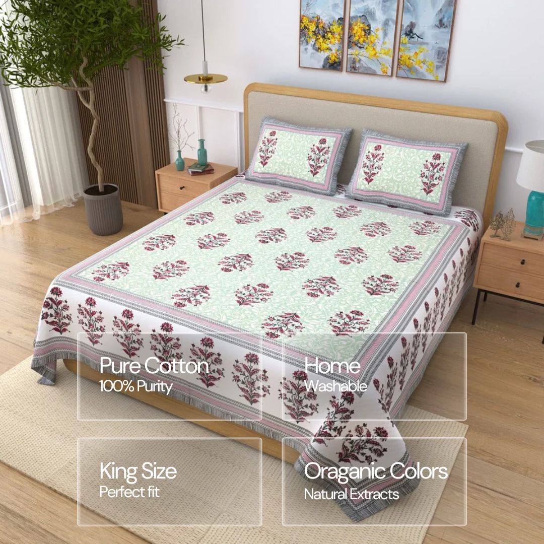 Jaipuri Cotton Double Bedsheet – Green & Red Floral Elegance (90x108 inches)