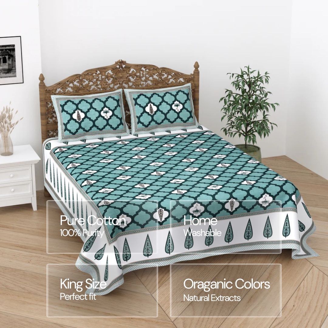 Jaipuri Cotton Double Bedsheet Set – Teal & White Mughal Print (90x108 inches)
