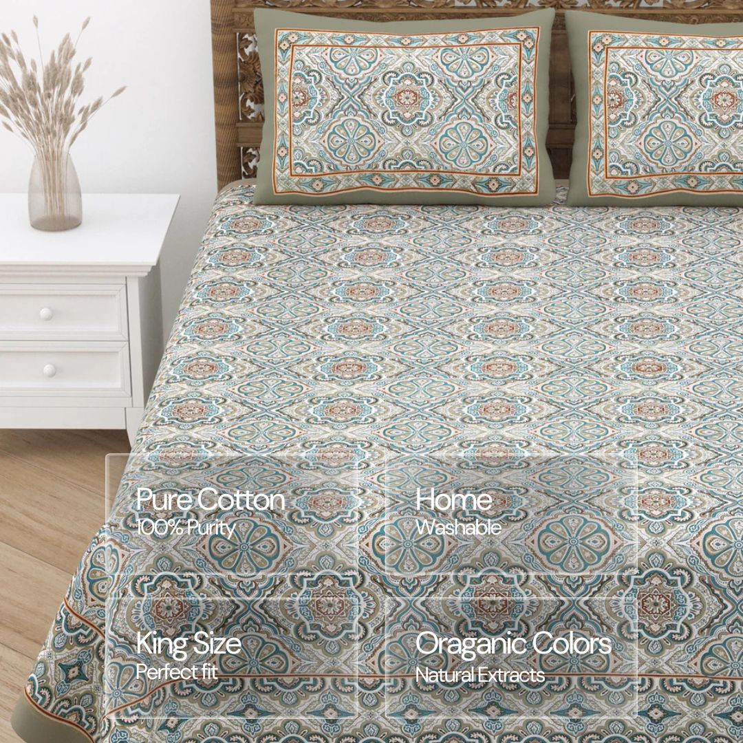 Jaipuri Cotton Double Bedsheet Set – Green & Beige Floral Mughal Print (90x108 inches)