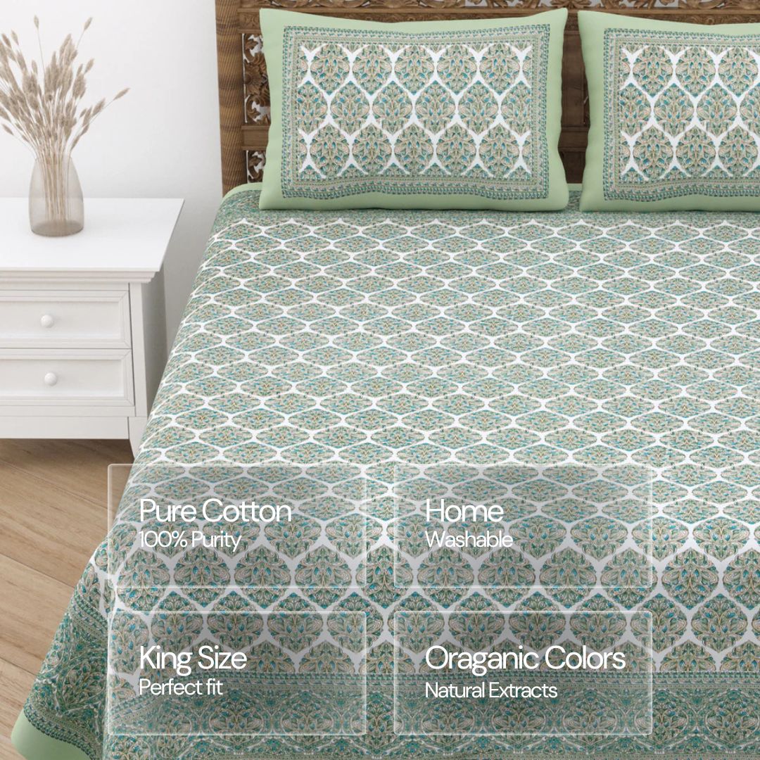 Jaipuri Cotton Double Bedsheet Set – Green & Beige Floral Print (90x108 inches)
