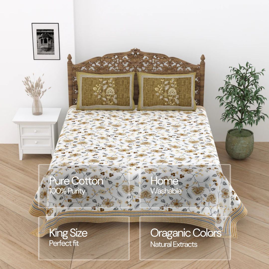 Jaipuri Cotton Double Bedsheet Set – Beige & Brown Floral Charm (90x108 inches)