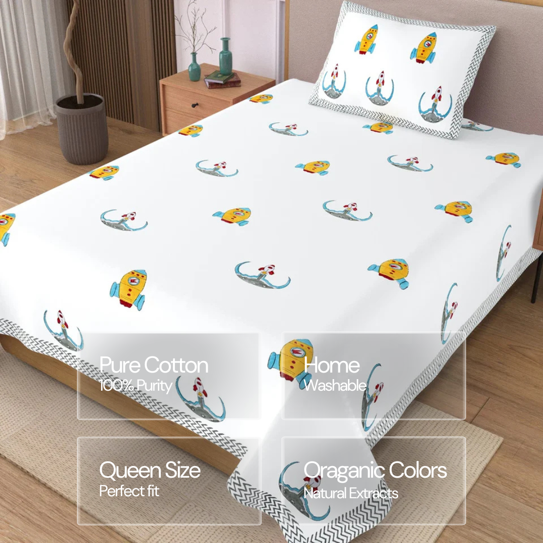 Rocket Space Block Printed Kids Cotton Bedsheet - Single Bed Size (60X90 Inches)