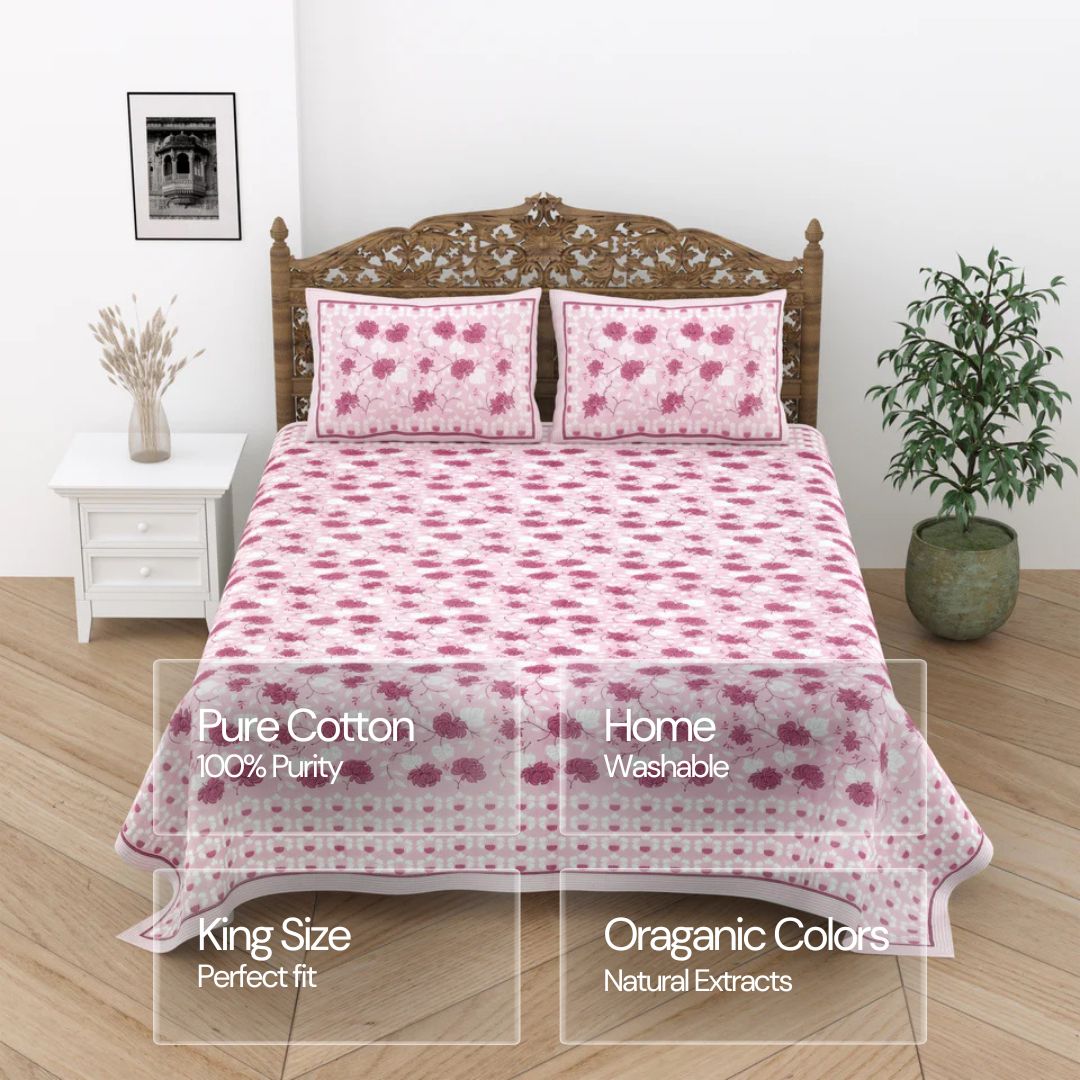 Jaipuri Cotton Double Bedsheet Set – Soft Pink Floral Elegance (90x108 inches)