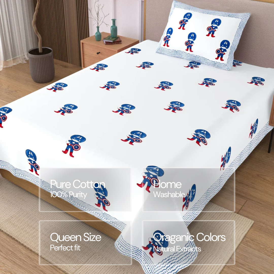Captain America Block Printed Kids Cotton Bedsheet - Single Bed Size (60X90 Inches)