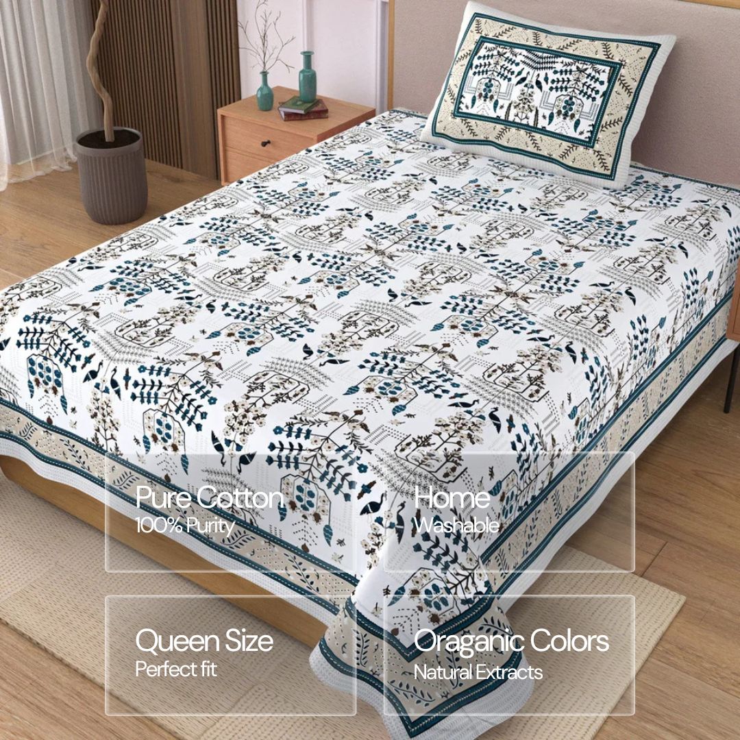 Jaipuri Cotton Single Bedsheet Set – Beige & Blue Floral (70X100 inches)