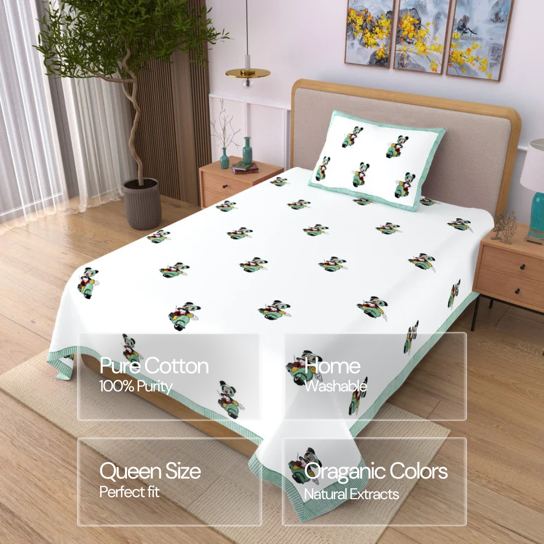 Mickey Scooter Block Printed Kids Cotton Bedsheet - Single Bed Size (60X90 Inches)