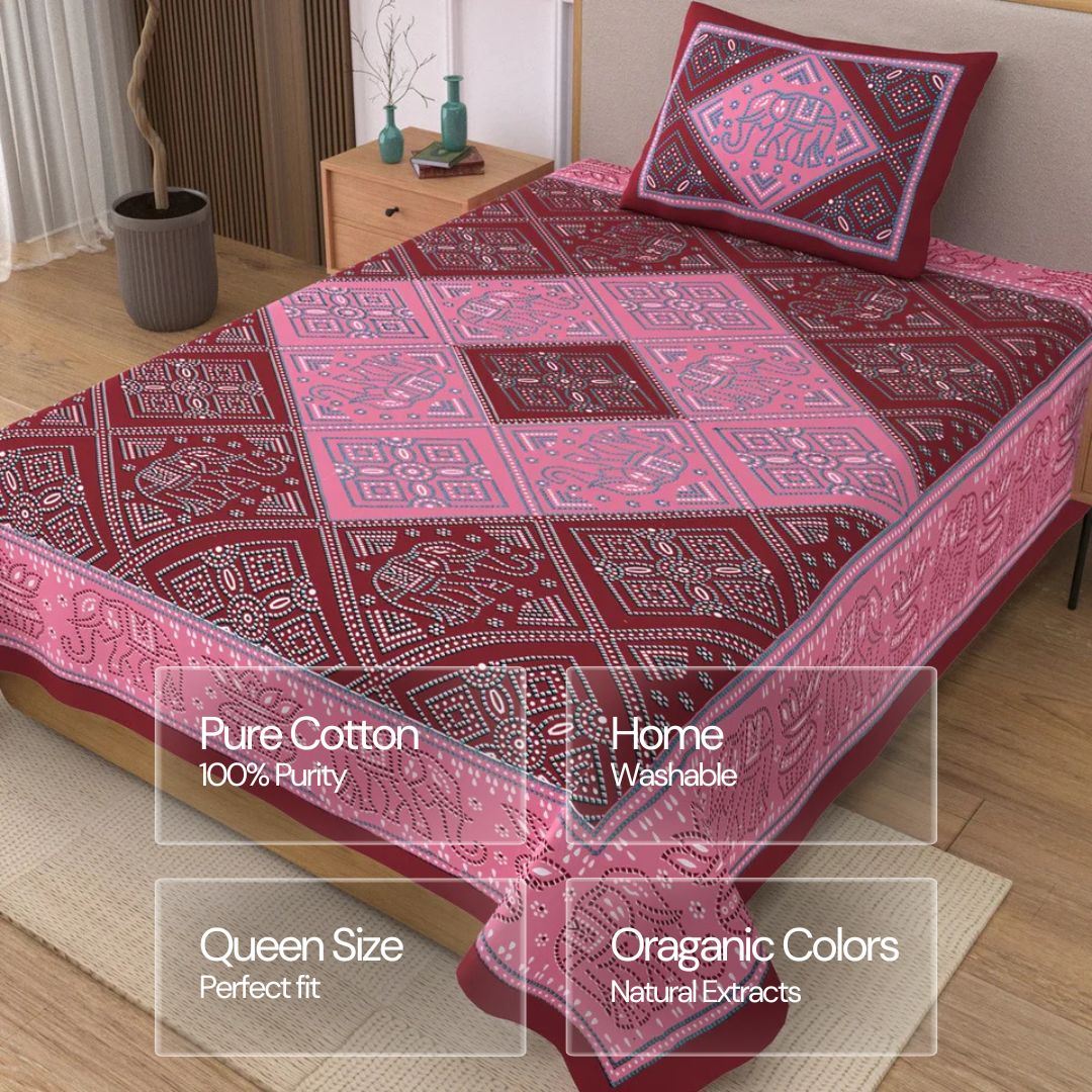 Jaipuri Cotton Single Bedsheet Set – Pink & Maroon Bandhani Print (70X100 inches)