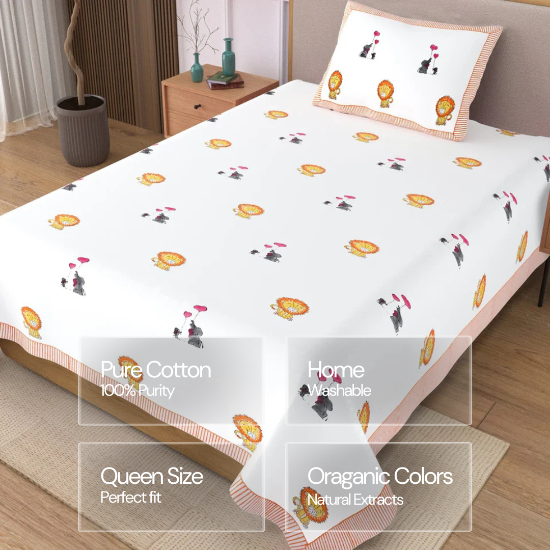 Lion & Elephant Block Printed Kids Cotton Bedsheet - Single Bed Size (60X90 Inches)