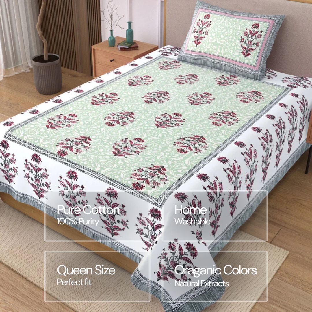 Jaipuri Cotton Single Bedsheet Set - Mint Floral Jaal (70X100 inches)