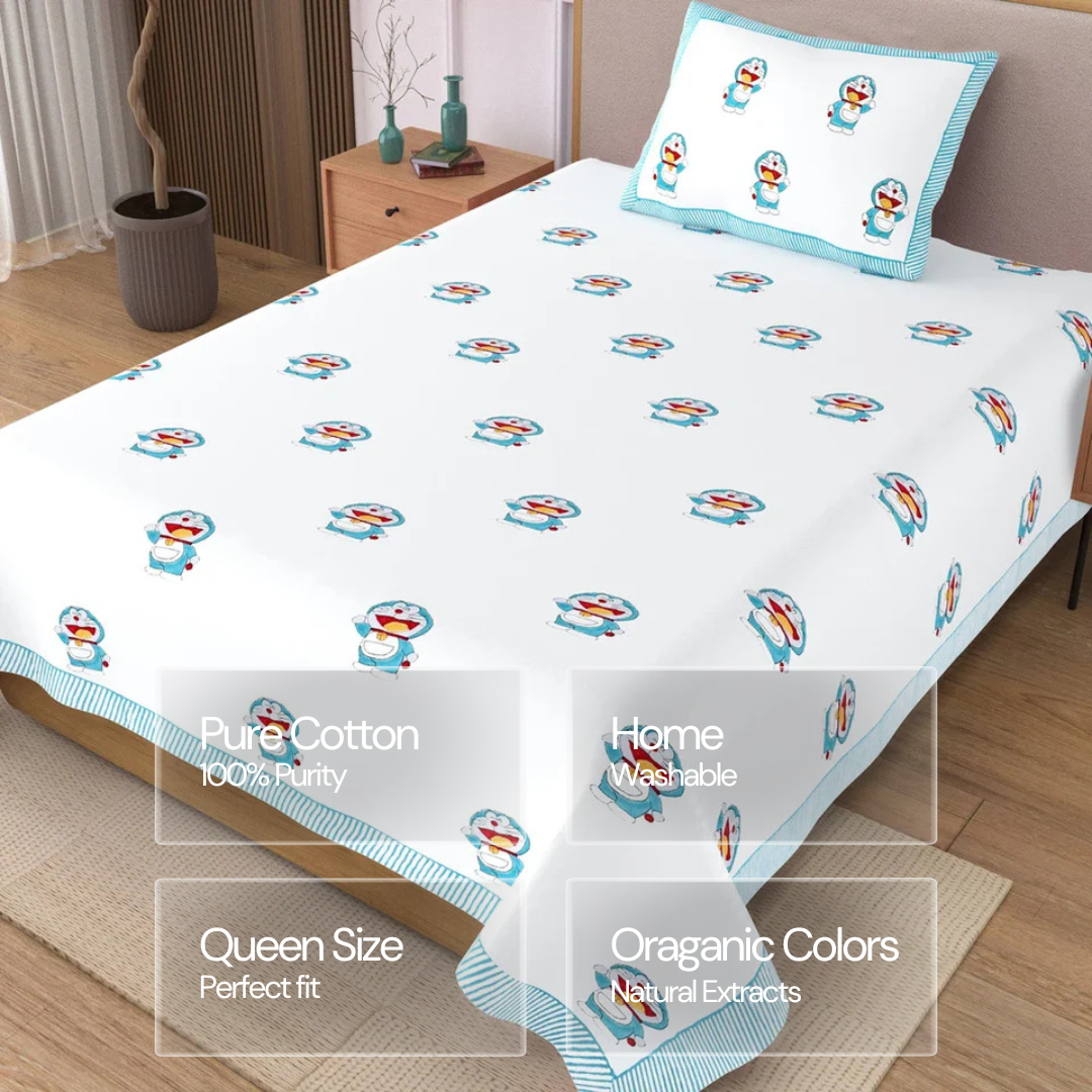 Doraemon Block Printed Kids Cotton Bedsheet - Single Bed Size (60X90 Inches)