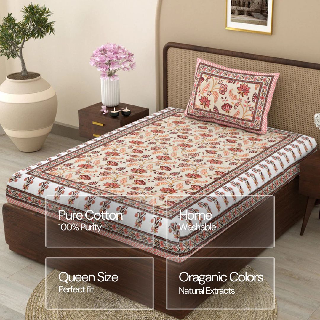 Jaipuri Cotton Single Bedsheet Set - Brown Floral Jaal (70X100 inches)