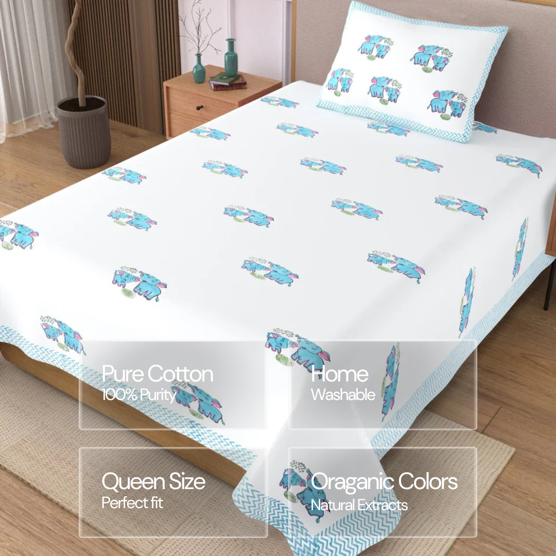 Cute Elephants Block Printed Kids Cotton Bedsheet - Single Bed Size (60X90 Inches)