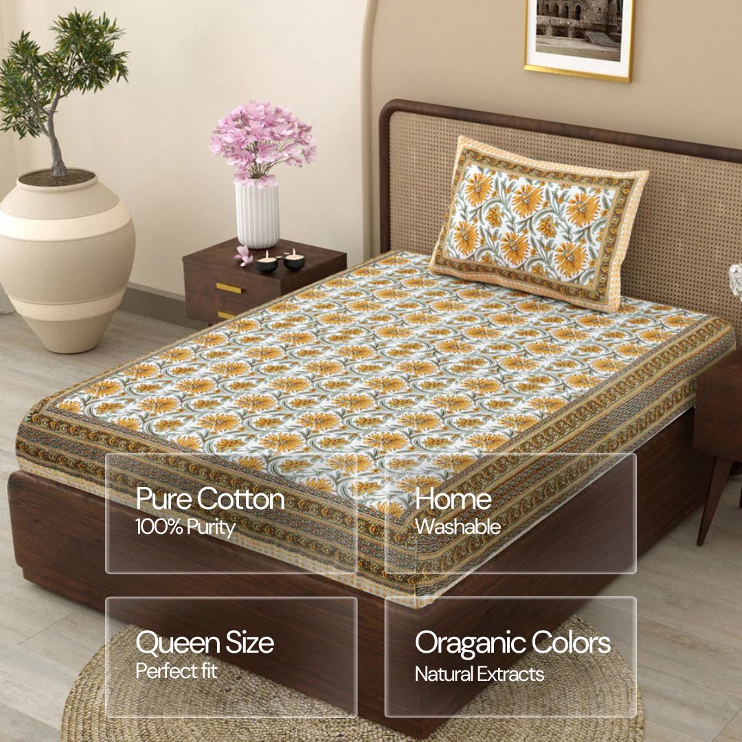 Jaipuri Cotton Single Bedsheet Set - Yellow Floral (70X100 inches)