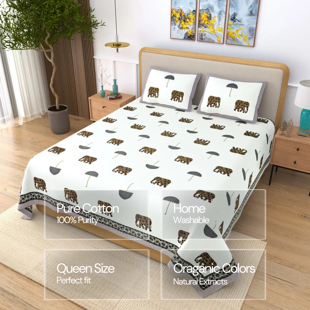 Jaipuri Cotton Double Bedsheet Set - Yellow Umbrella Hathi Print (108x108 inches)