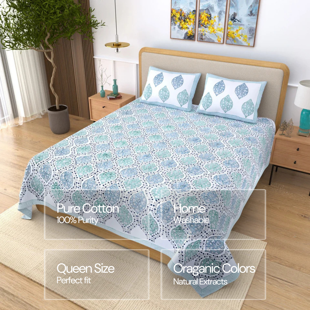 Jaipuri Cotton Double Bedsheet Set - Blue Mughal Jaal (108x108 inches)
