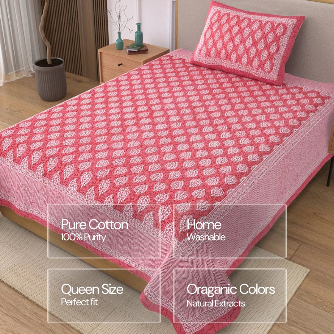 Jaipuri Cotton Single Bedsheet Set -Pink Bagru Print (70X100 inches)