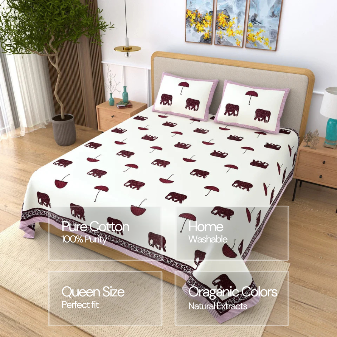 Jaipuri Cotton Double Bedsheet Set - Pink Umbrella Hathi Print (108x108 inches)