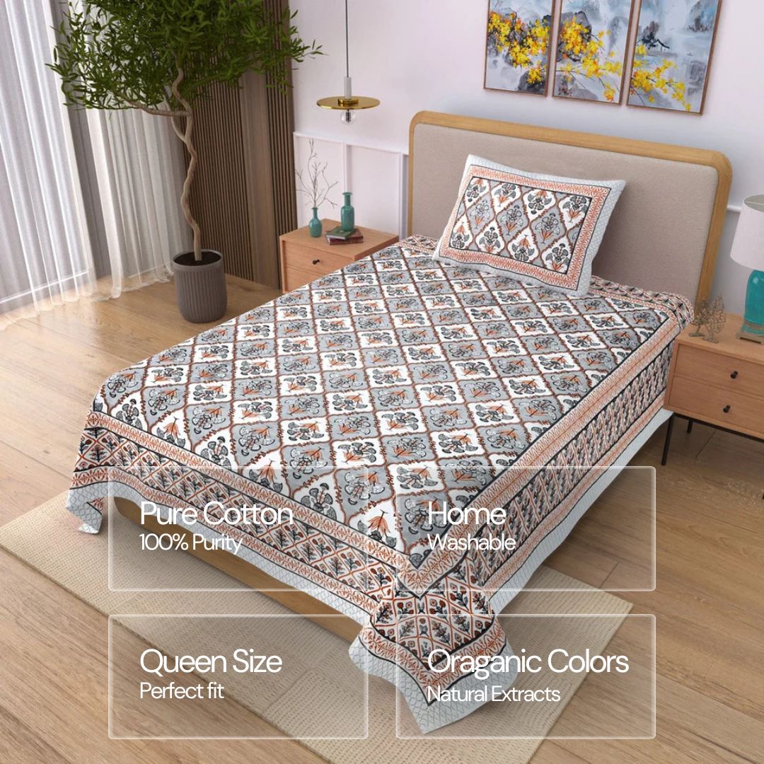Jaipuri Cotton Single Bedsheet Set - Grey Mughal Jaal (70X100 inches)