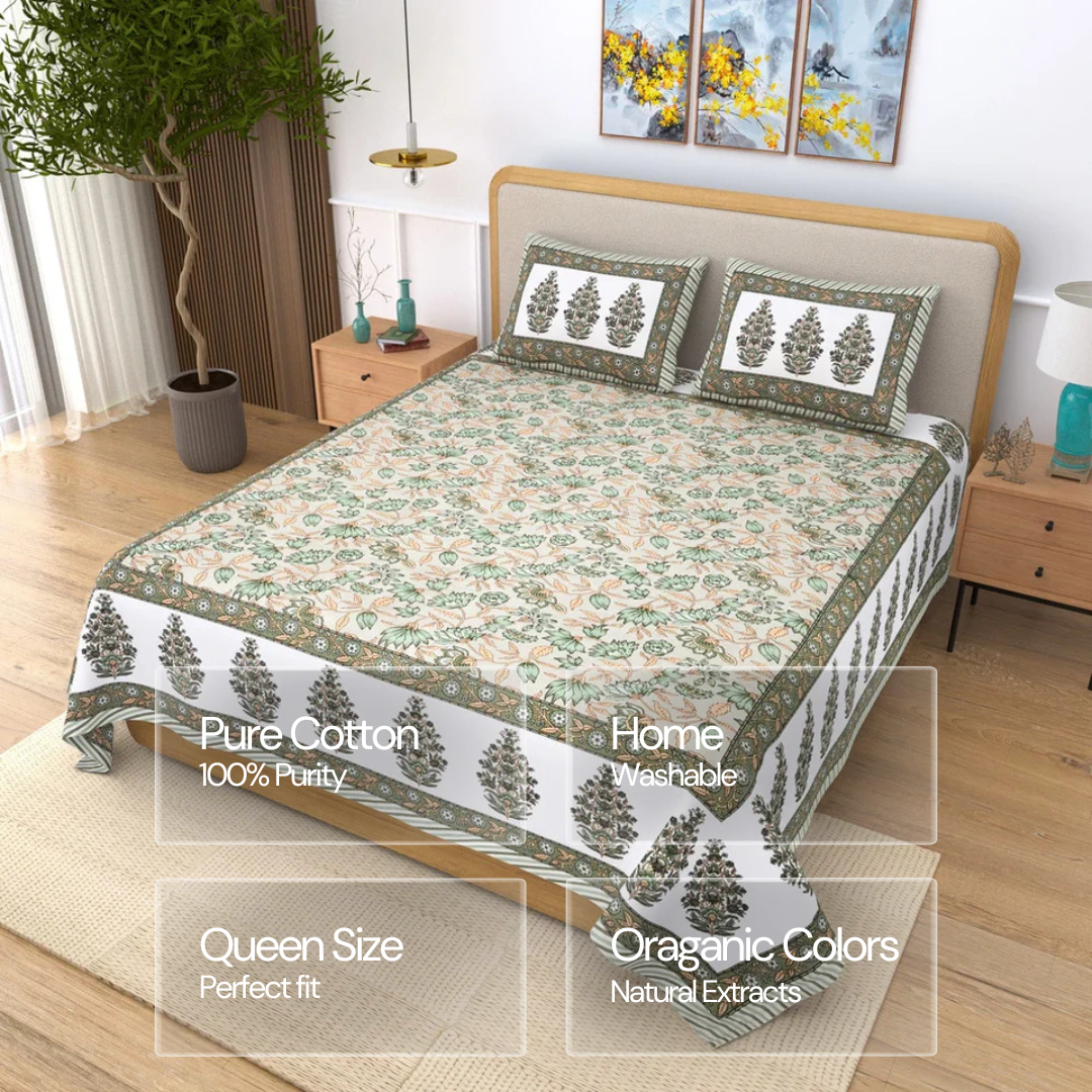 Jaipuri Cotton Double Bedsheet Set - Green Floral Jaal (90x108 inches)