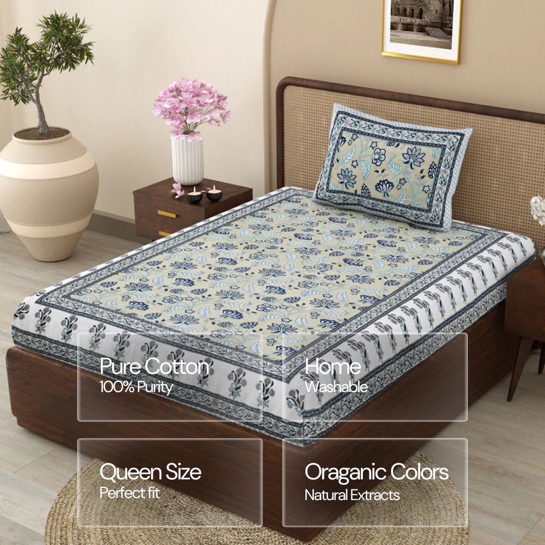 Jaipuri Cotton Single Bedsheet Set - Grey Buta Floral (70X100 inches)