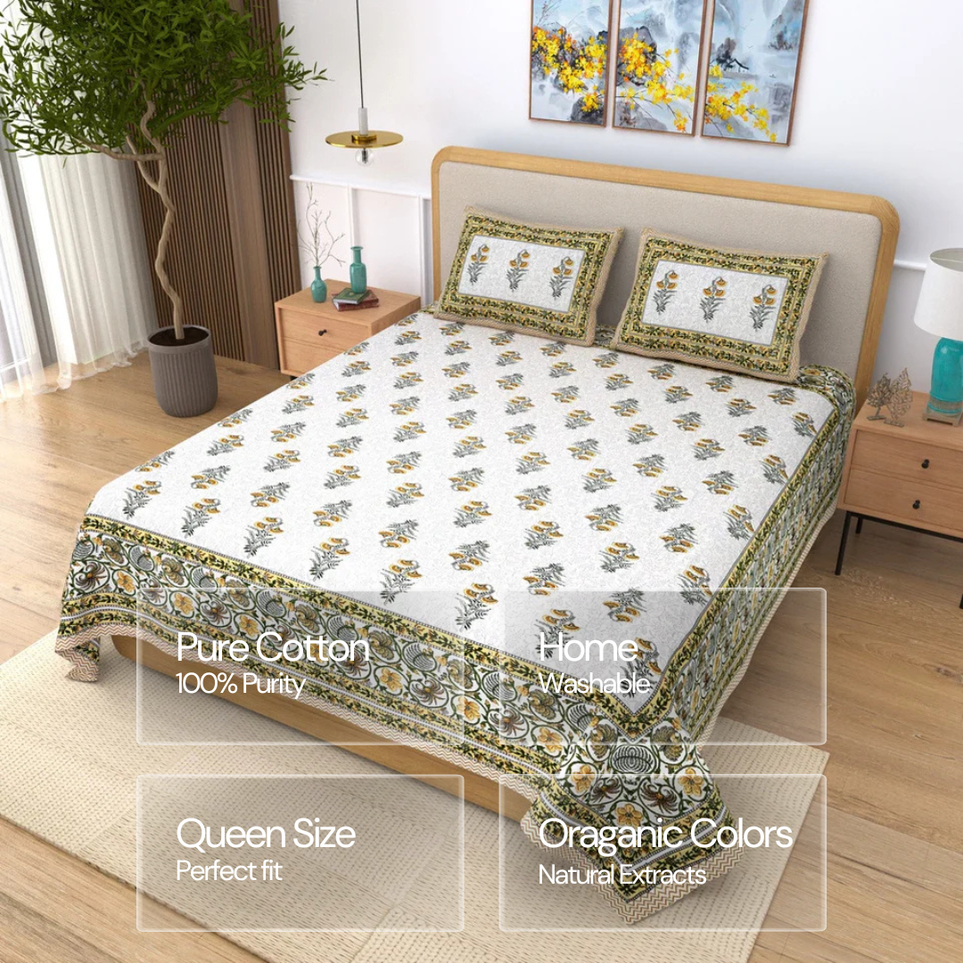 Jaipuri Cotton Double Bedsheet Set - Yellow Floral Buta (90x108 inches)