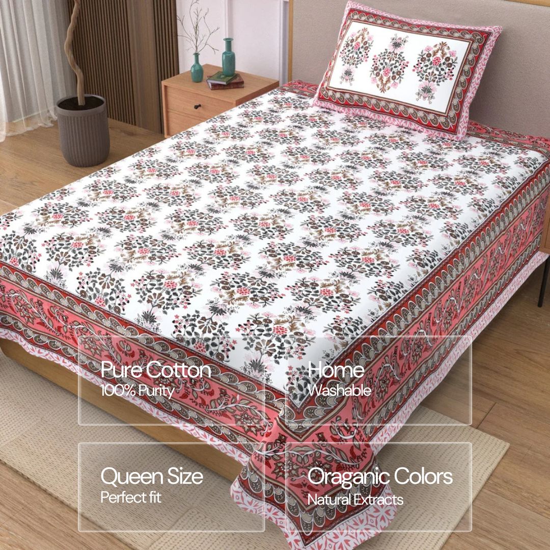 Jaipuri Cotton Single Bedsheet Set - Soft Pink Floral (70X100 inches)