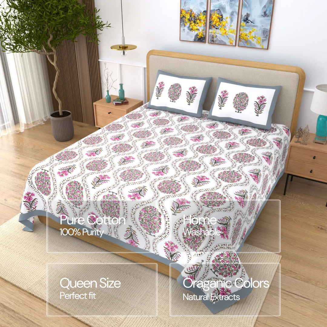Jaipuri Cotton Double Bedsheet Set - Pink Floral Bagh (90x108 inches)