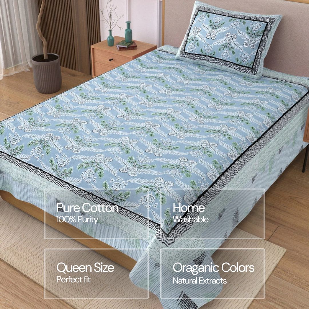 Jaipuri Cotton Single Bedsheet Set - Grey Leaf Motif (70X100 inches)