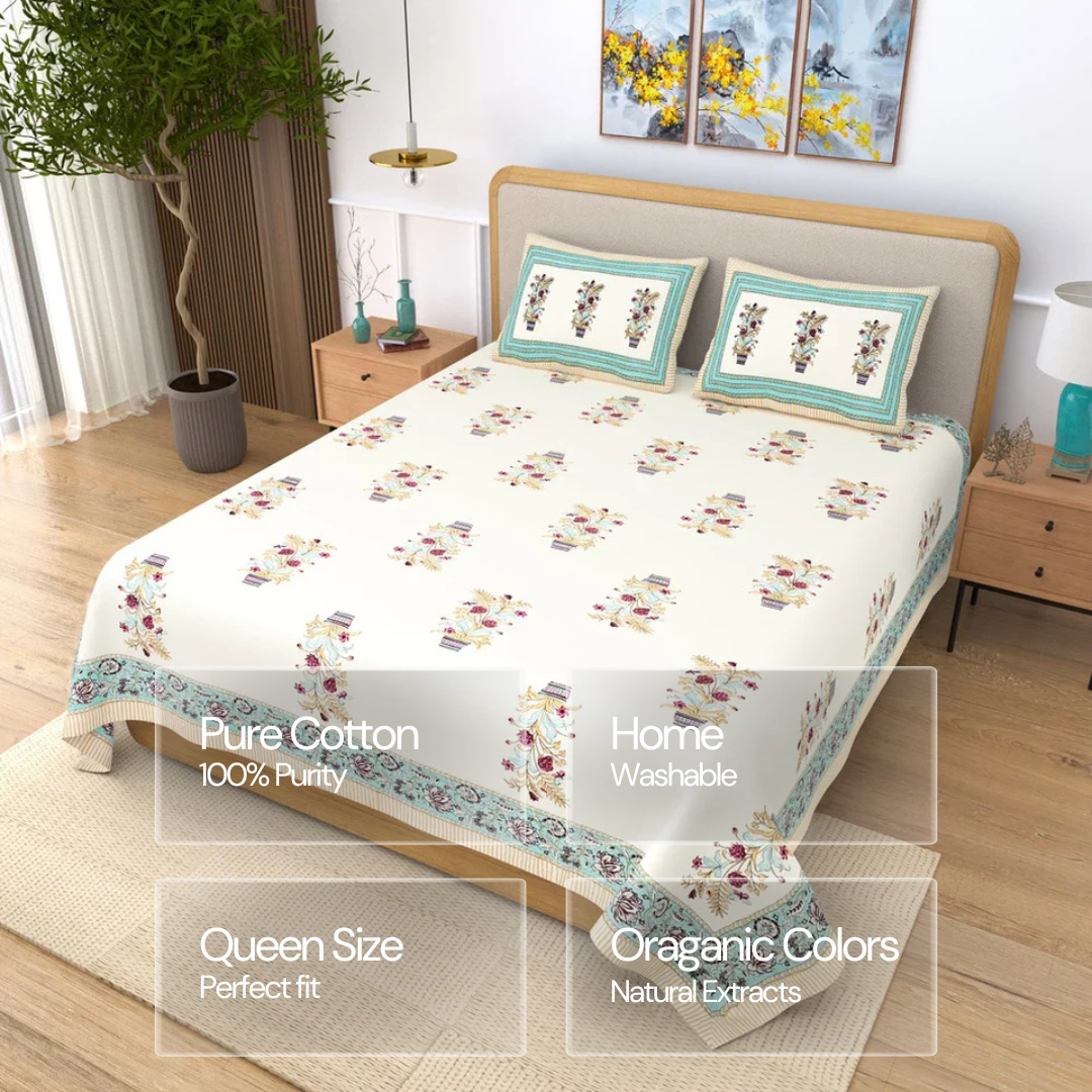 Jaipuri Cotton Double Bedsheet Set - Beige Floral Buta (90x108 inches)