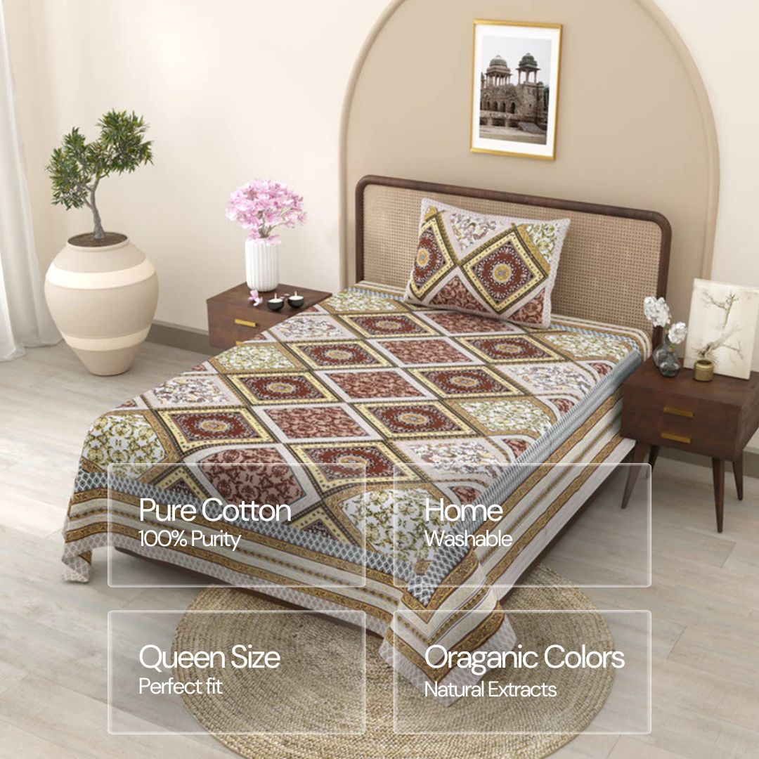 Jaipuri Cotton Single Bedsheet Set - Brown Floral Jaal (70X100 inches)