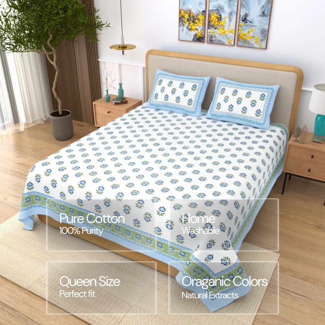 Jaipuri Cotton Double Bedsheet Set - Blue Floral (90x108 inches)