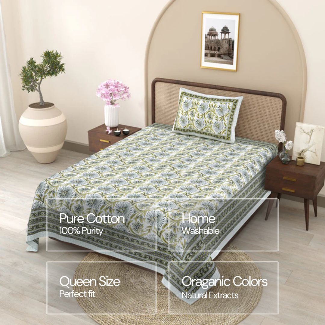 Jaipuri Cotton Single Bedsheet Set - Grey Floral (70X100 inches)