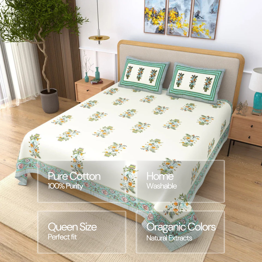 Jaipuri Cotton Double Bedsheet Set - Mint Floral Buta (90x108 inches)