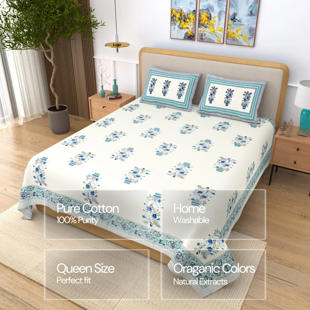 Jaipuri Cotton Double Bedsheet Set - Blue Floral Buta (90x108 inches)