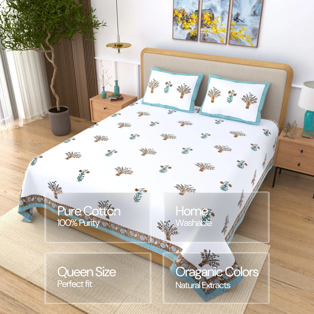 Jaipuri Cotton Double Bedsheet Set - Yellow Floral (108x108 inches)