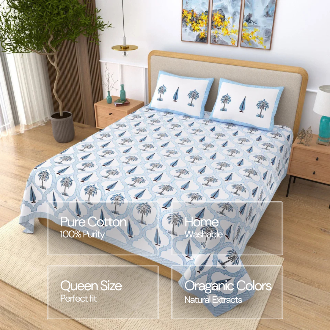 Jaipuri Cotton Double Bedsheet Set - Blue Leaf Motif (108x108 inches)