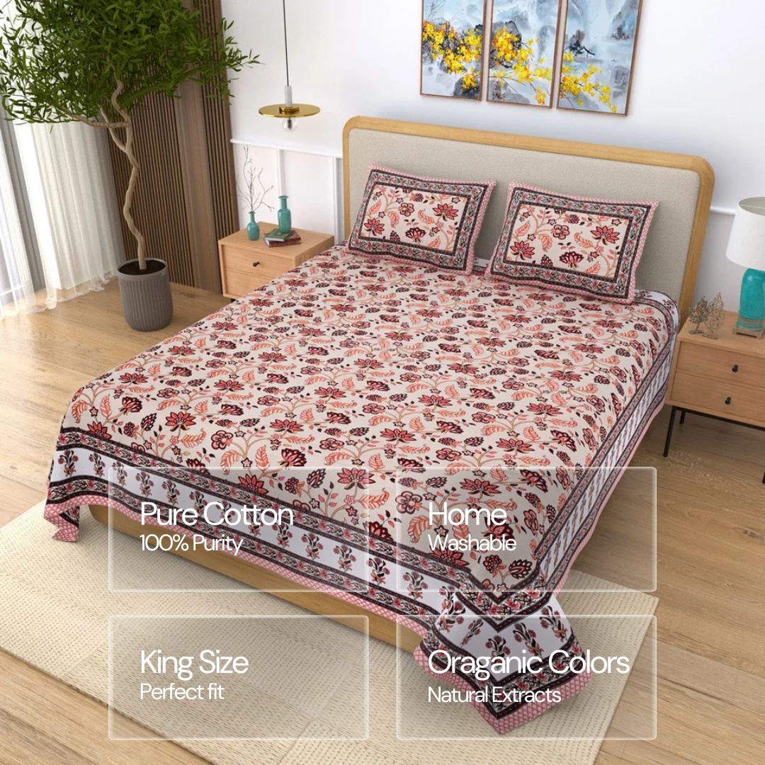 Jaipuri Cotton Double Bedsheet – Beige & Brown Floral (90x108 inches)
