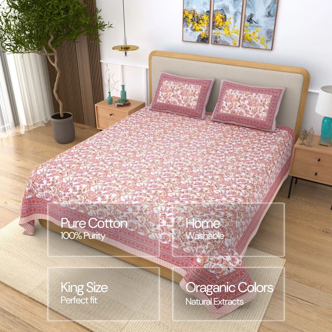 Jaipuri Cotton Double Bedsheet – Pink & Peach Floral Print (90x108 inches)