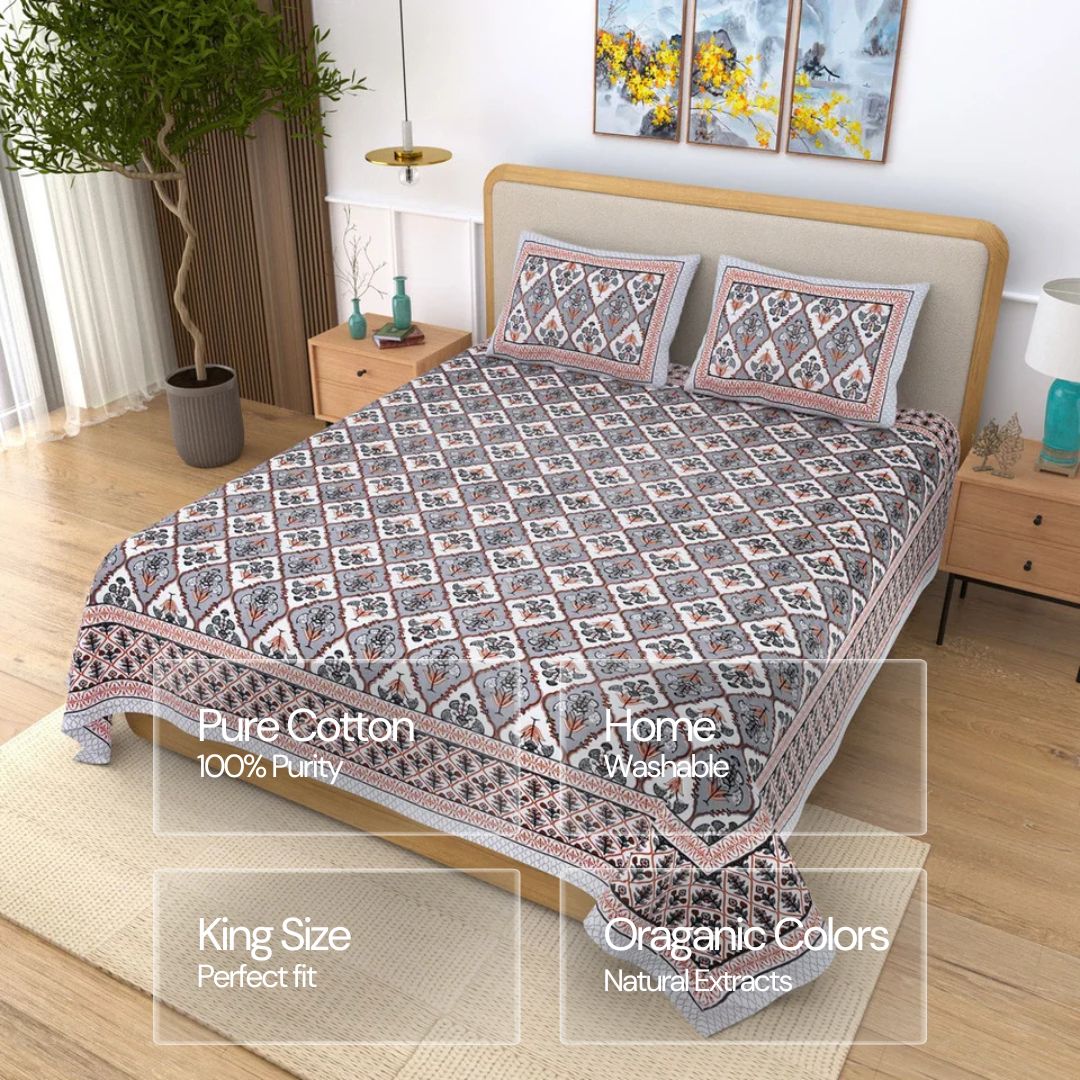 Jaipuri Cotton Double Bedsheet – Grey & Orange Floral (90x108 inches)