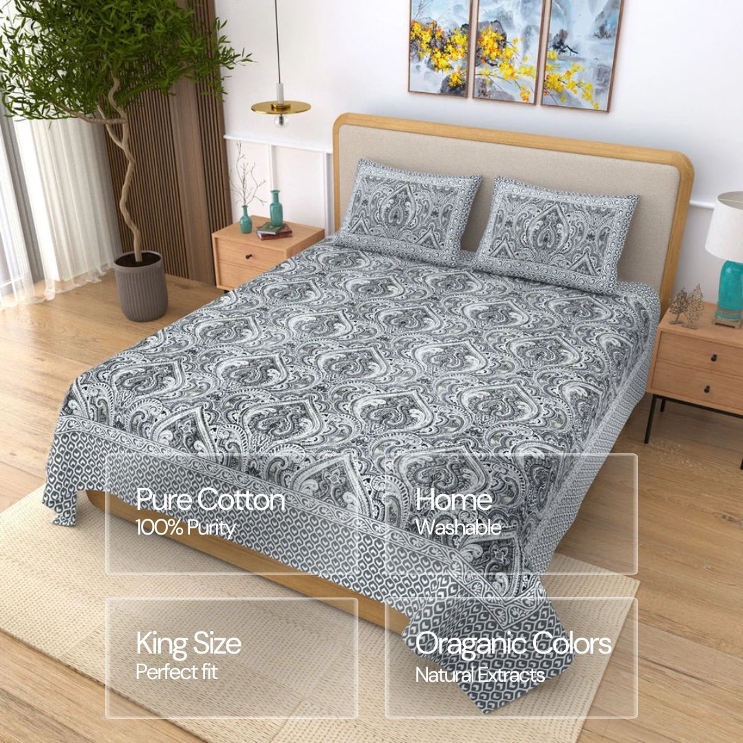 Jaipuri Cotton Double Bedsheet – Black & White Paisley (90x108 inches)